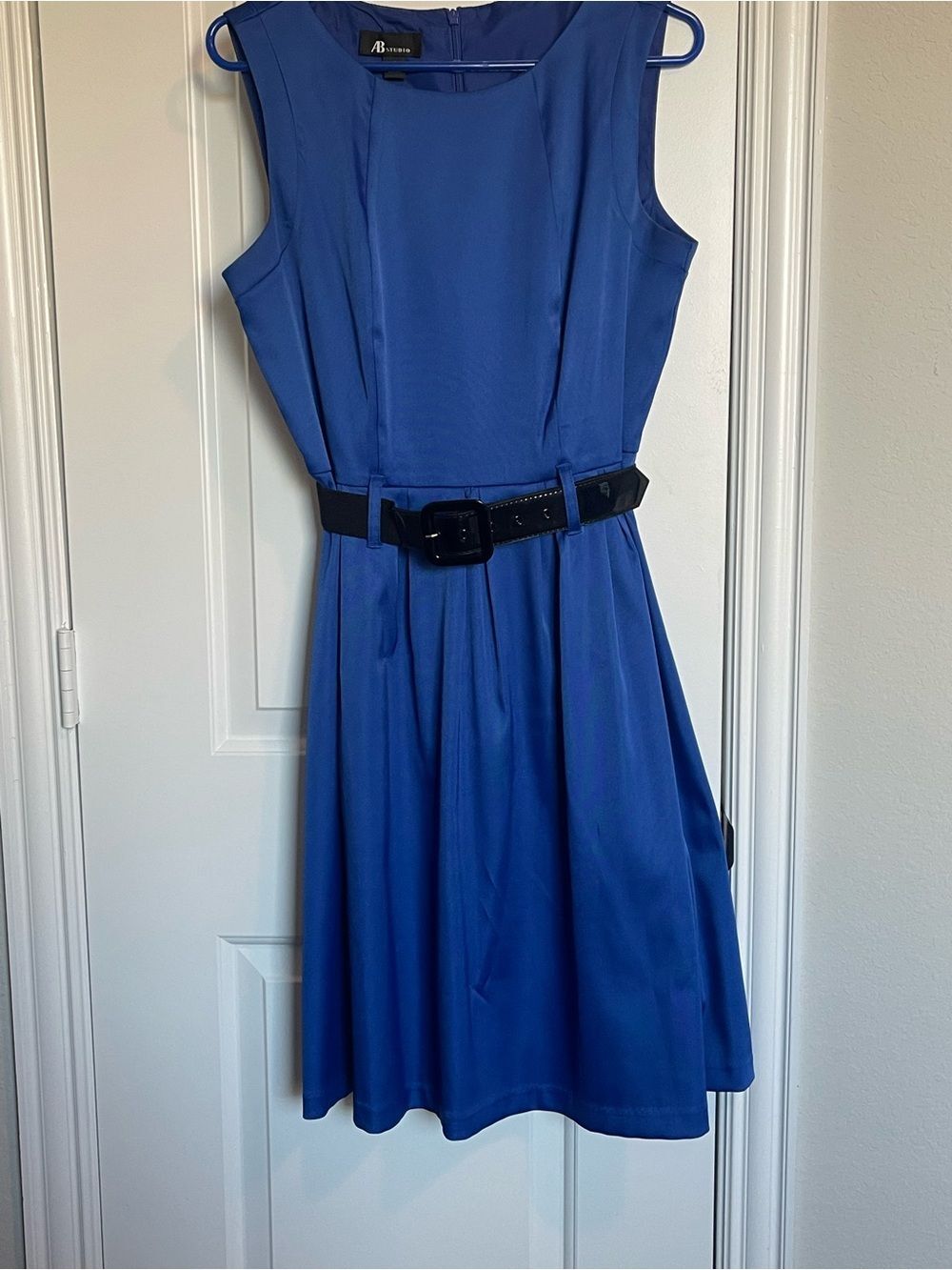 AB Studio Cobalt Blue Sleeveless Belted Fit-and-Flare Dress